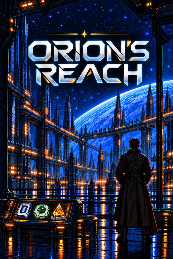 Orion's Reach cover art: Leinad on a station balcony facing a blue planet, below the game's logo