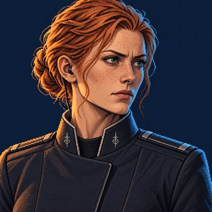 Pixel-art portrait of Divad in a dark military uniform