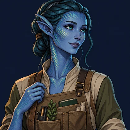 Pixel-art portrait of Elysia, an Aurian with iridescent blue scales