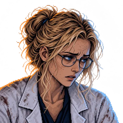 Pixel-art portrait of Helen, blonde, with glasses and a lab coat