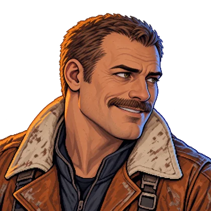 Pixel-art portrait of Jax, smiling, in a flight jacket