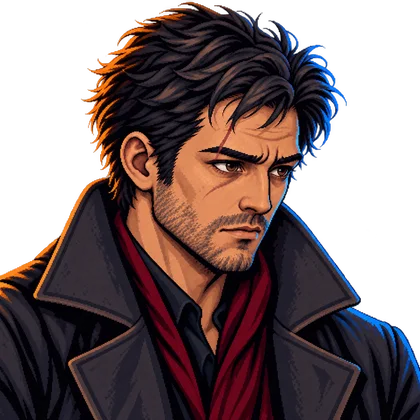 Pixel-art portrait of Leinad in his long dark coat