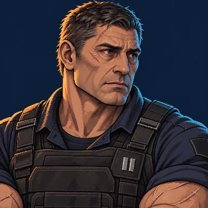 Pixel-art portrait of Marcus, a huge man in tactical armour