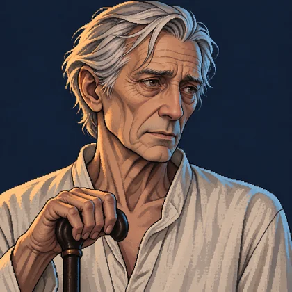 Pixel-art portrait of Matthias, an old grey-haired man with a cane