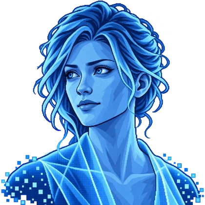 Pixel-art portrait of Sarah, a woman made of blue holographic light