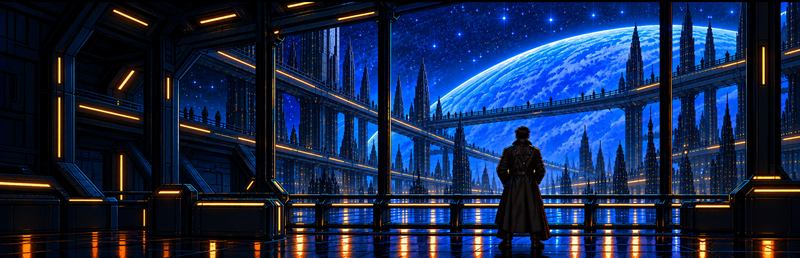 Key art without text: Leinad on a station balcony facing a city and a blue planet