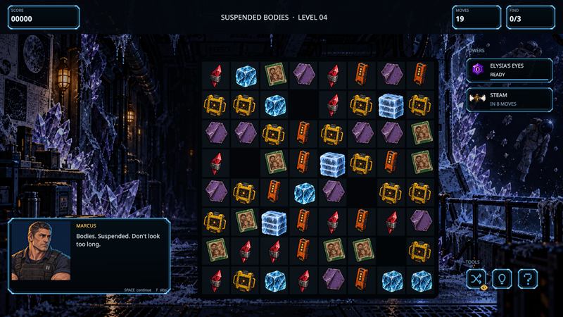 A frozen archive lined with crystals as Marcus warns the player
