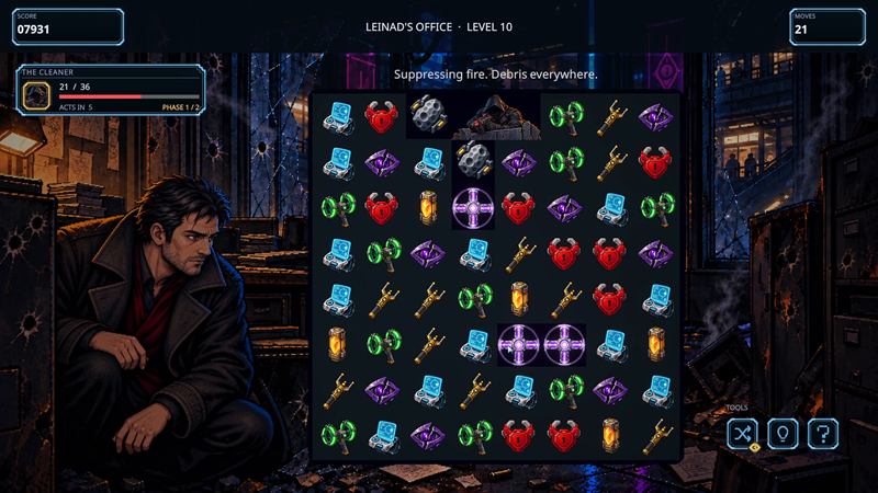 Leinad crouches in his wrecked office while The Cleaner fires from the top of the board