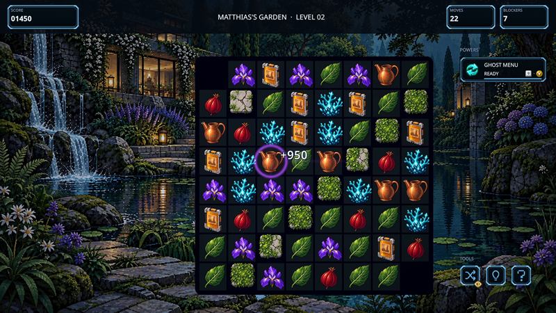 A night garden with a waterfall and a pond behind the board