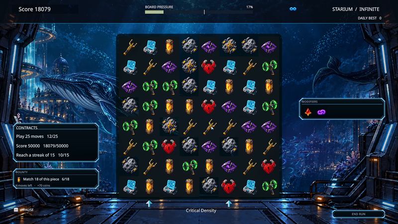 Infinite mode with board pressure, contracts and modifiers in front of an underwater city with whales