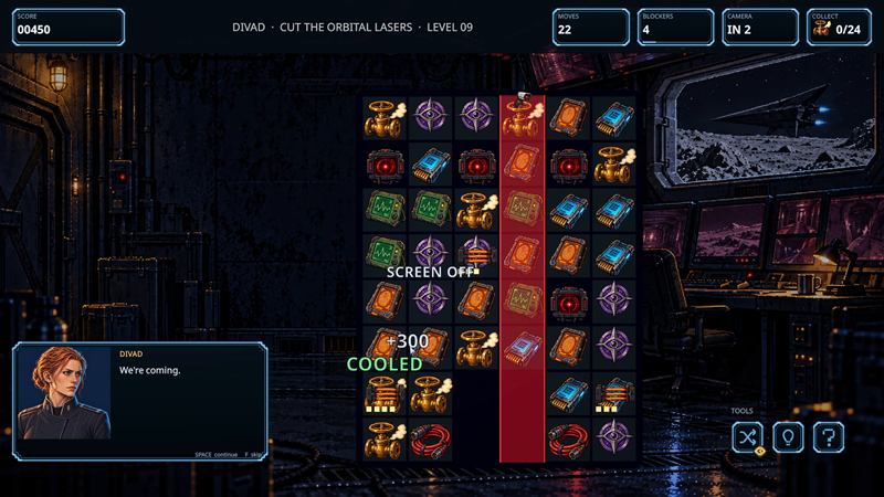 A red orbital laser column crosses the board while Divad speaks