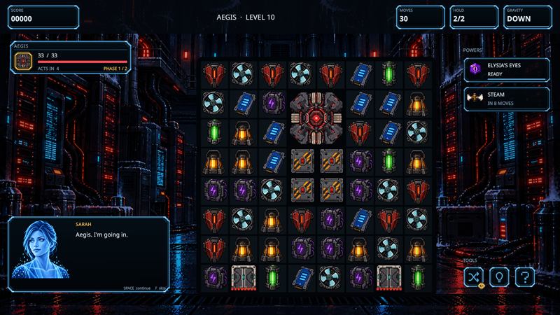 Sarah's hologram faces the Aegis encounter in a ship's server room