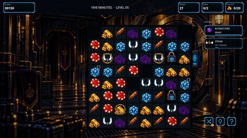 A board of dice, chips and gold bars in a casino vault