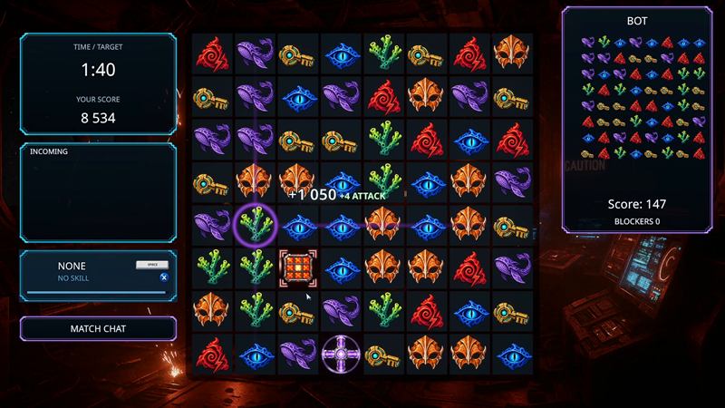 A Versus duel against a bot: a cascade sends four attacks to the opponent