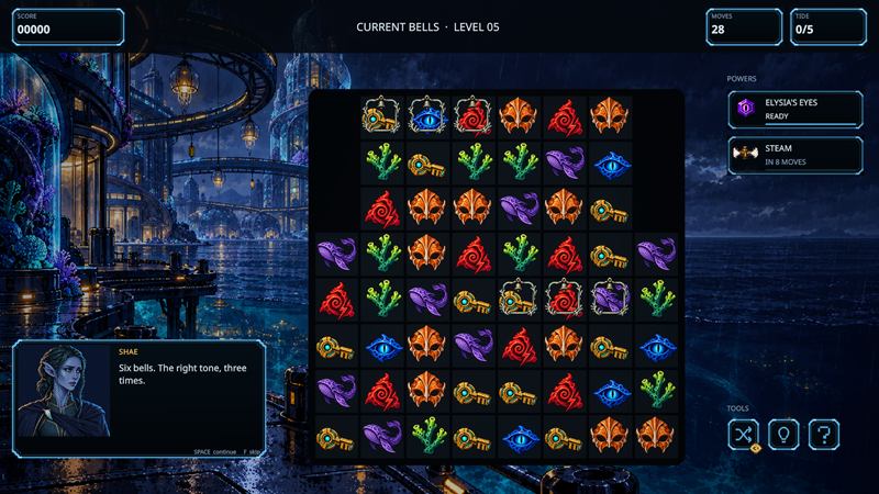 An underwater city at night behind a board of coral, keys and masks, with Shae's dialogue