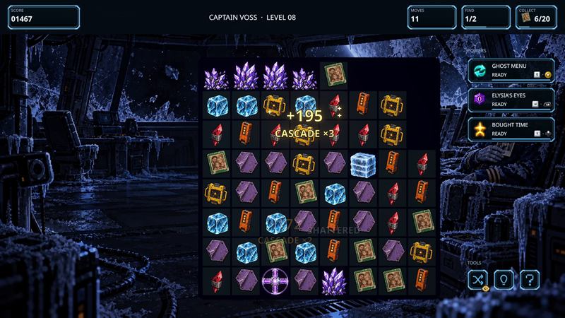 A frozen ship interior and a triple cascade on the board, with three powers ready
